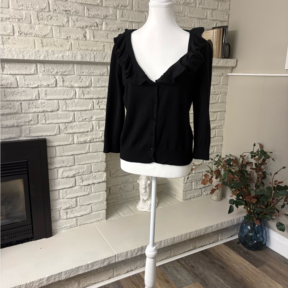 Vintage Style Black Rosebud Ruffle Knit Cardigan S
